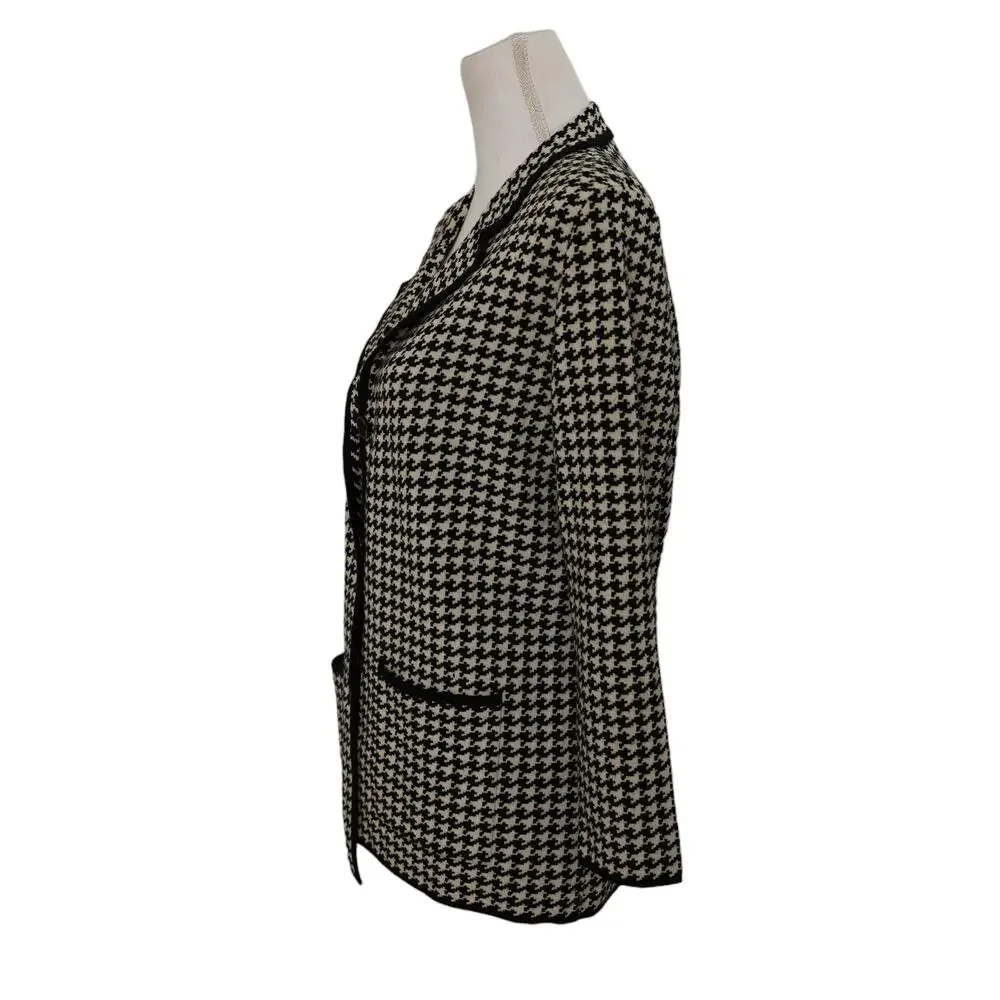 Kate Hill Italian Merino Wool black ivory cream Houndstooth‎ stretchy blazer med